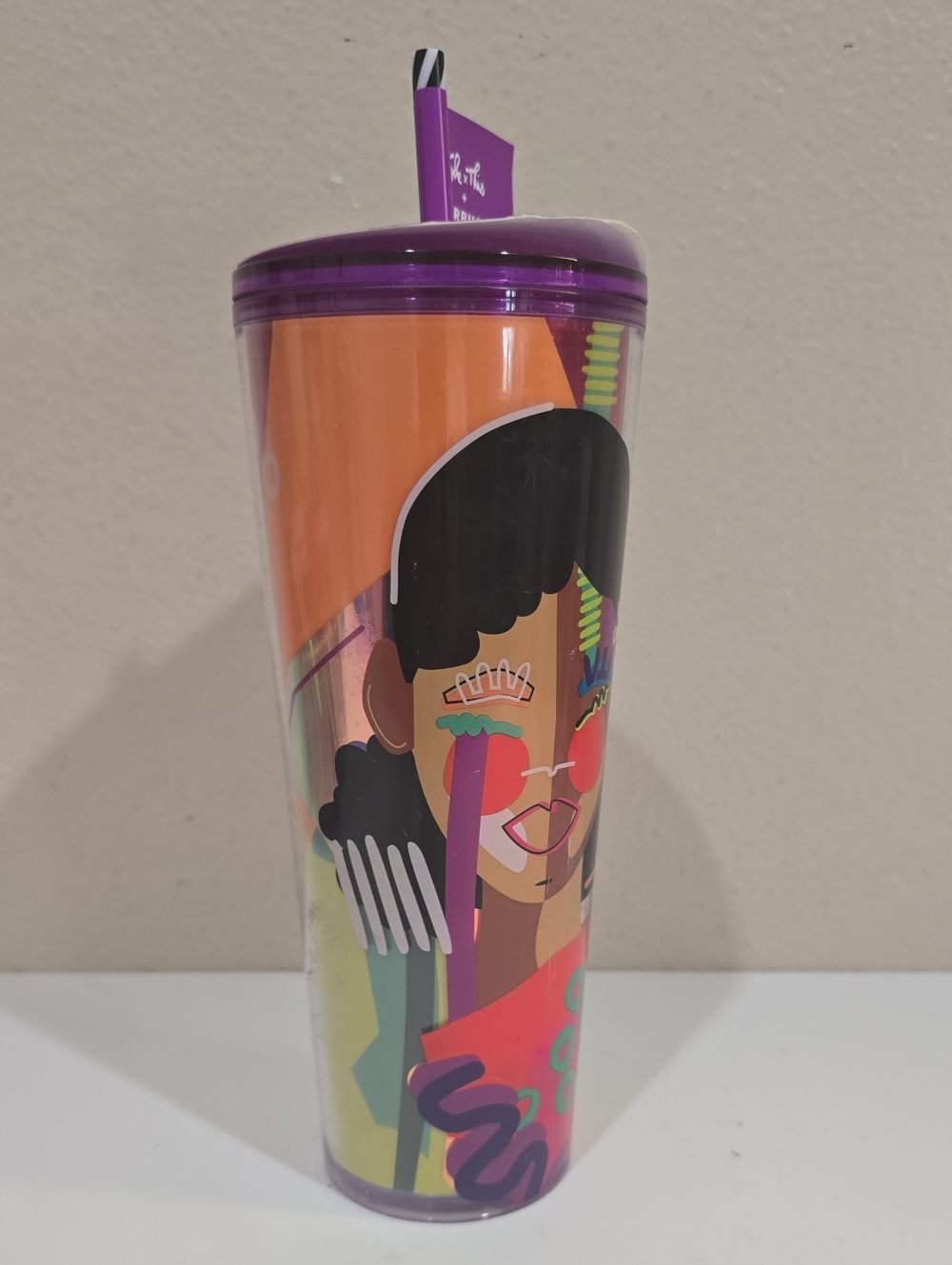 Starbucks Purple and Orange Illustrated Plastic Tumbler with Straw